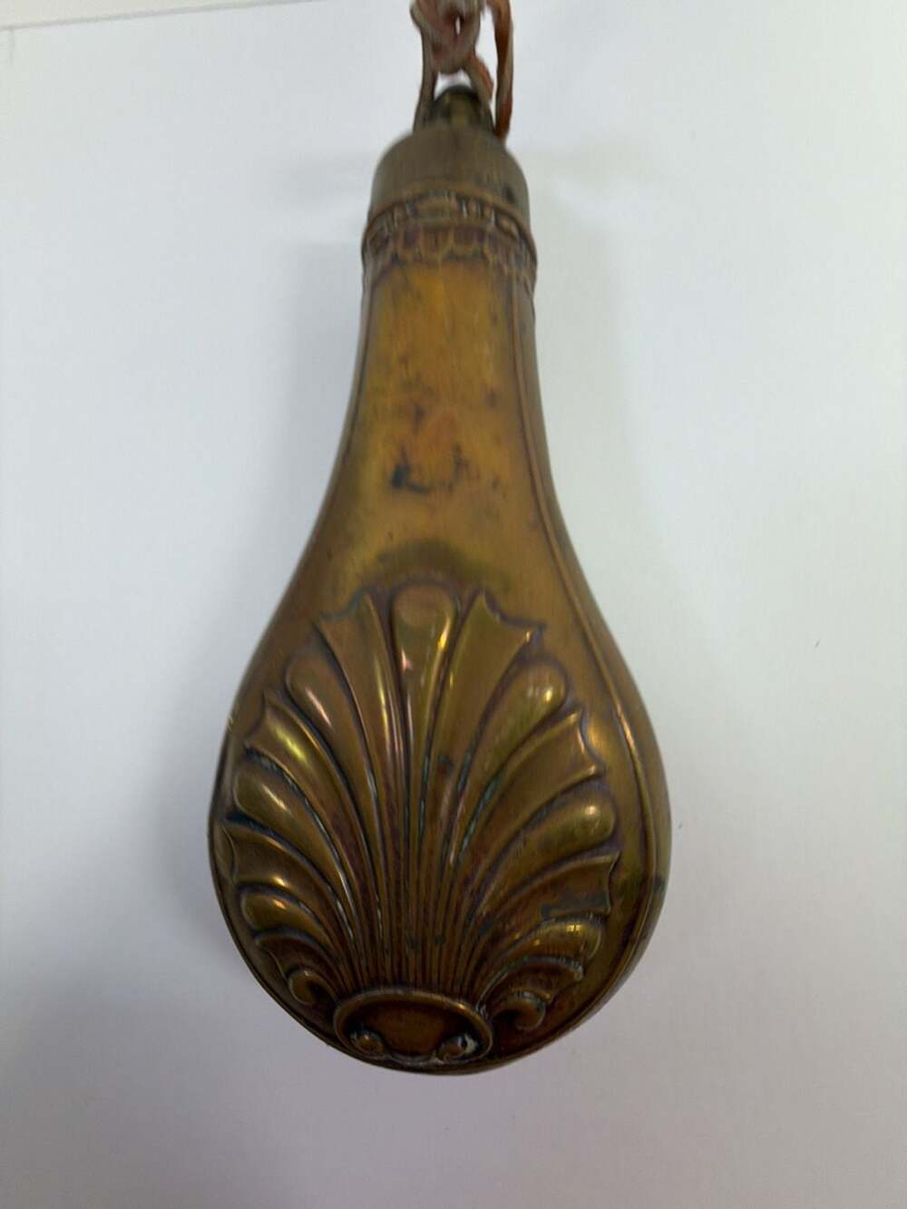 19th Century Antique Brass and Copper Black Powder Flask with Shell Pattern